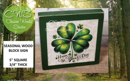 Happy St. Patrick's Day Four Leaf Clover Square Wood Sign