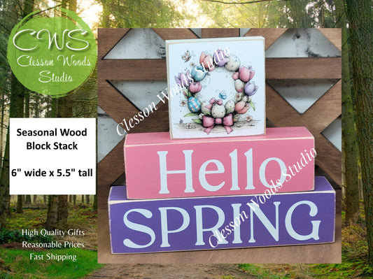 Hello Spring Wood Block Stack Easter Egg Wreath