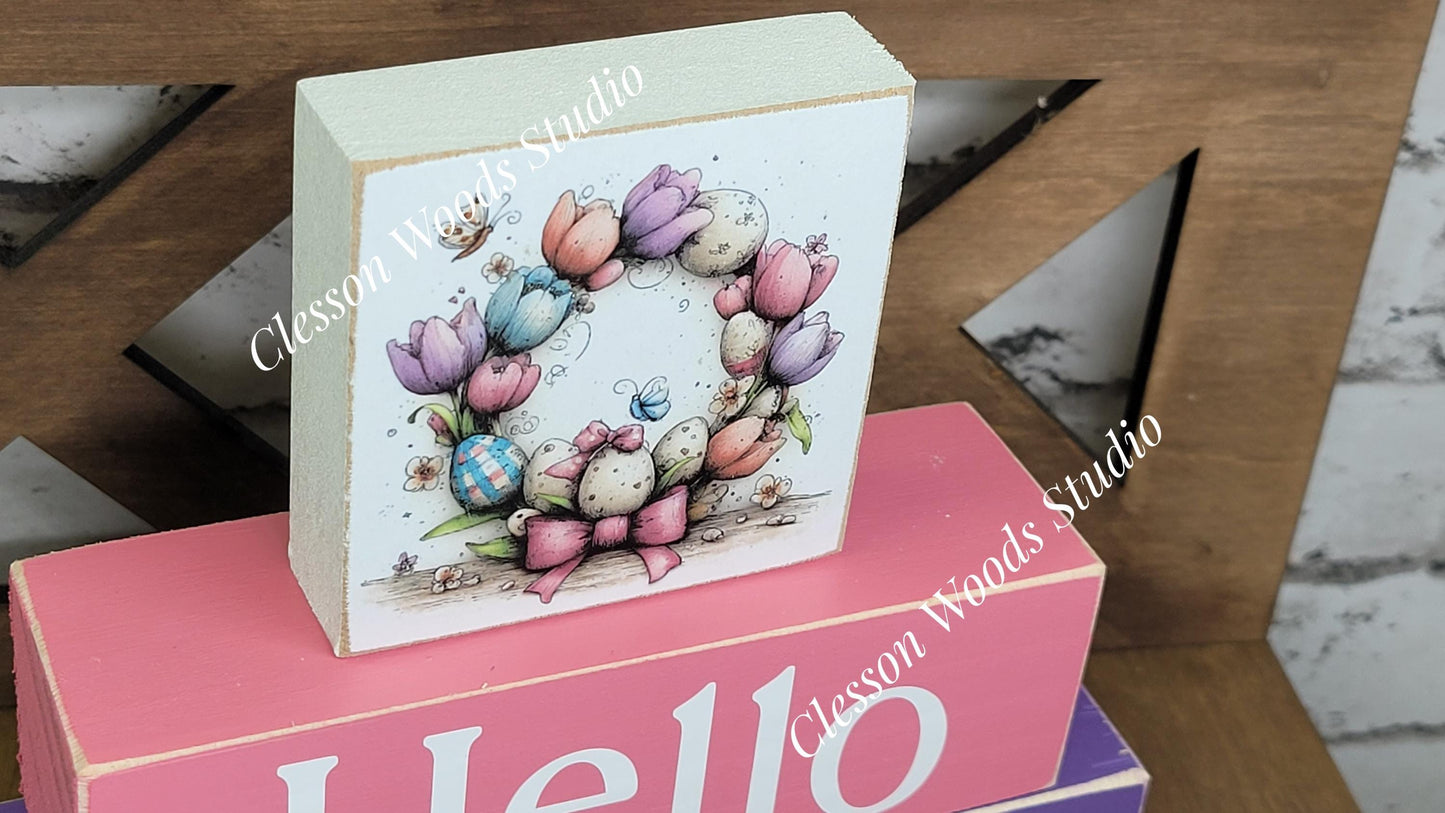 Hello Spring Wood Block Stack Easter Egg Wreath