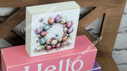 Hello Spring Wood Block Stack Easter Egg Wreath