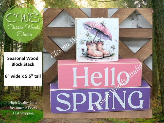 Hello Spring Wood Block Stack Umbrella and Boots