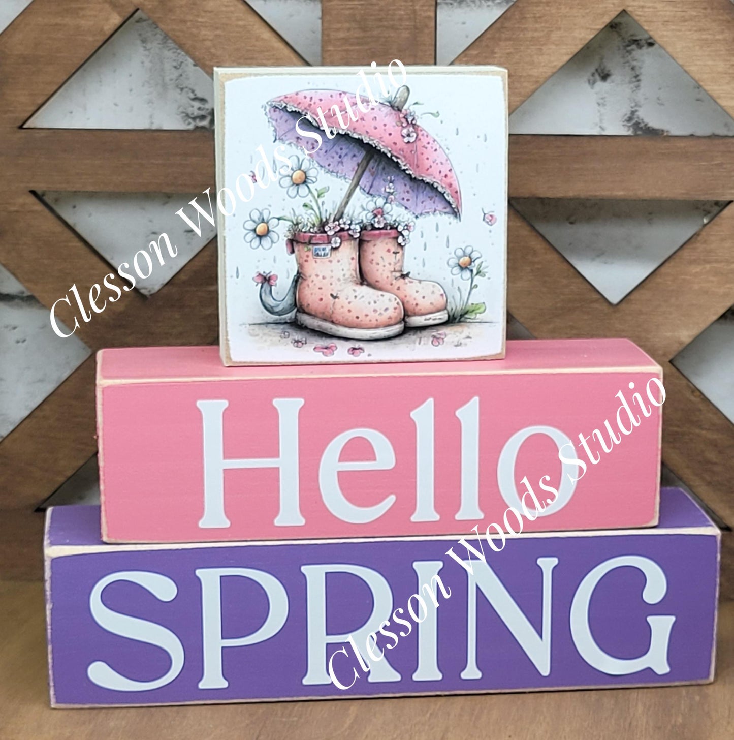 Hello Spring Wood Block Stack Umbrella and Boots