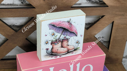 Hello Spring Wood Block Stack Umbrella and Boots