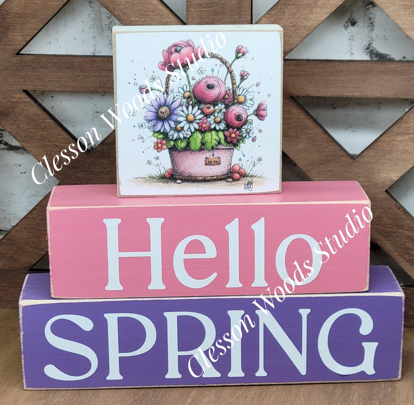 Hello Spring Wood Block Stack Pink Basket of Flowers