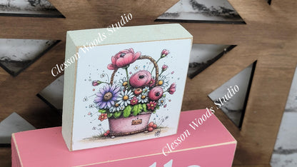 Hello Spring Wood Block Stack Pink Basket of Flowers