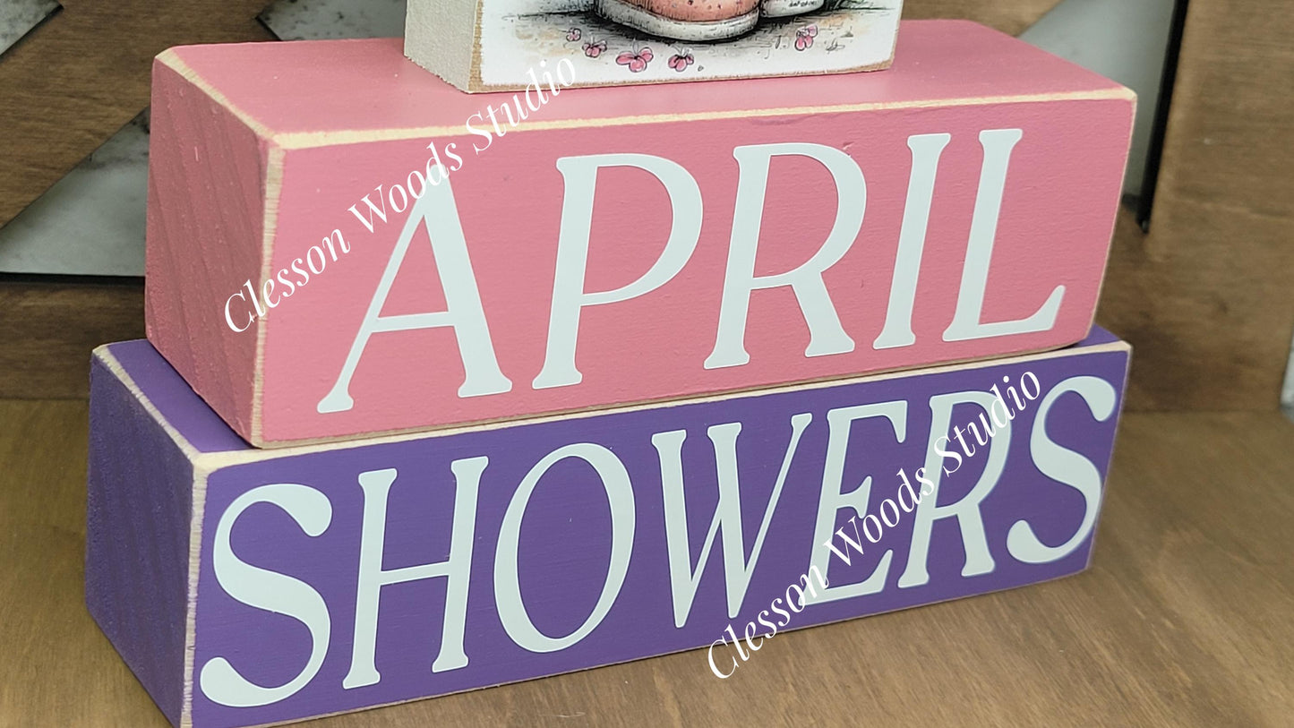 April Showers Wood Block Stack Umbrella and Boots