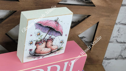 April Showers Wood Block Stack Umbrella and Boots