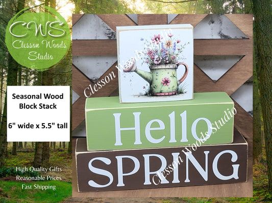 Hello Spring Wood Block Stack Green Watering Can