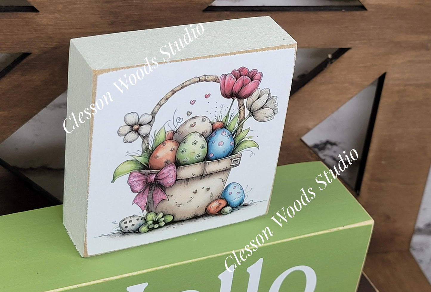 Hello Spring Wood Block Stack Basket of Easter Eggs