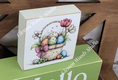 Hello Spring Wood Block Stack Basket of Easter Eggs