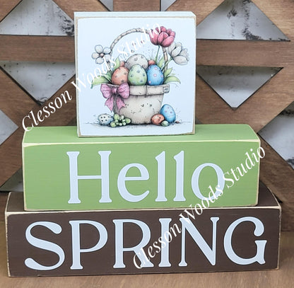 Hello Spring Wood Block Stack Basket of Easter Eggs