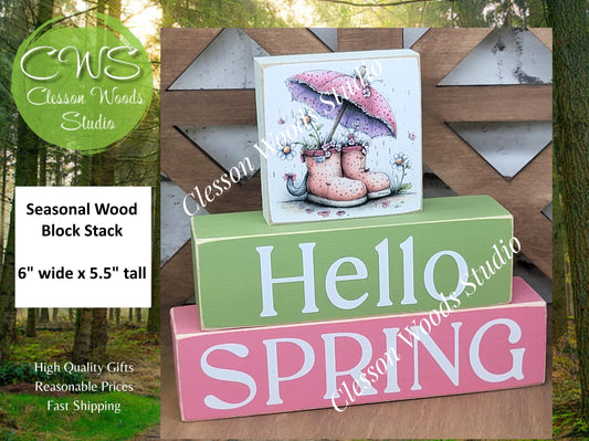 Hello Spring Wood Block Stack Boots and Umbrella