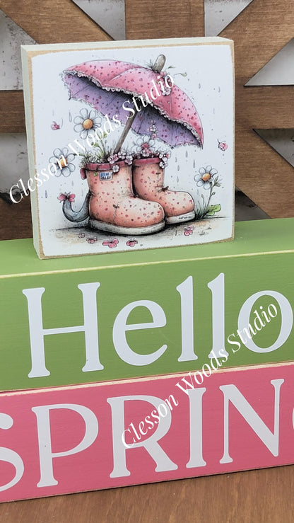 Hello Spring Wood Block Stack Boots and Umbrella
