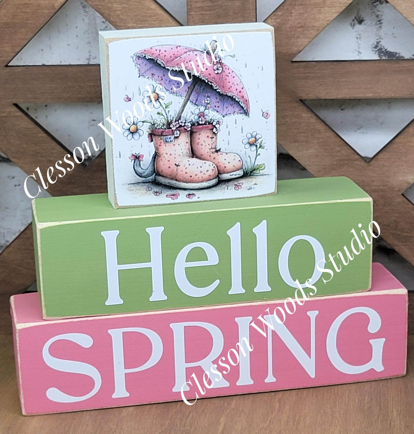 Hello Spring Wood Block Stack Boots and Umbrella