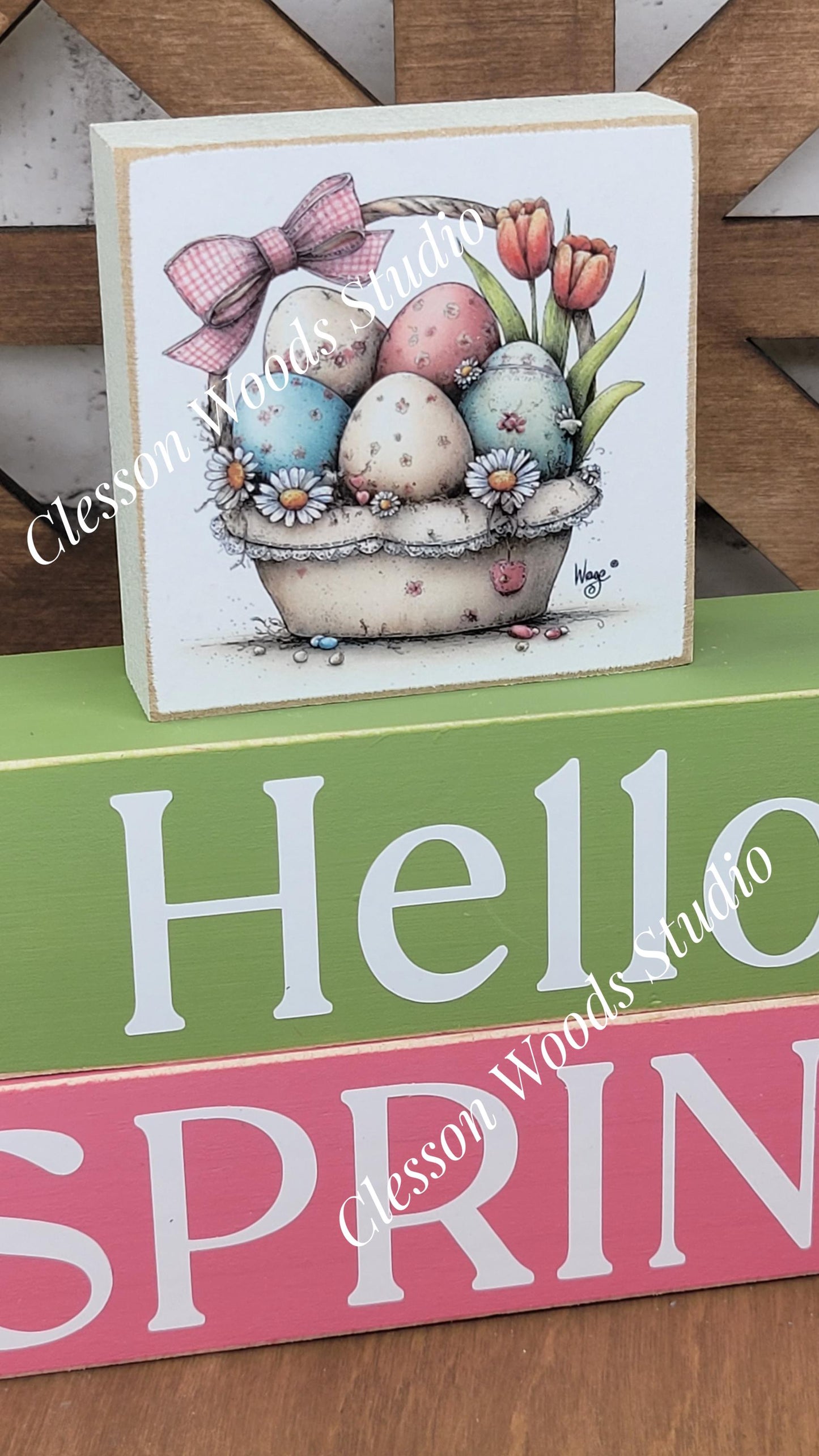 Hello Spring Wood Block Stack Easter Basket of Eggs