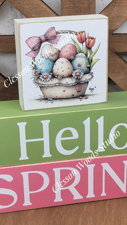 Hello Spring Wood Block Stack Easter Basket of Eggs