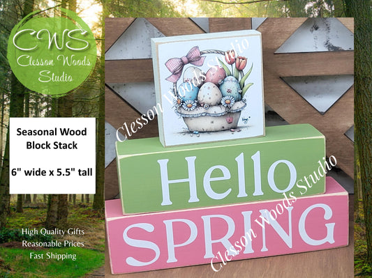 Hello Spring Wood Block Stack Easter Basket of Eggs