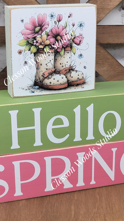 Hello Spring Wood Block Stack Spring Boots with Flowers