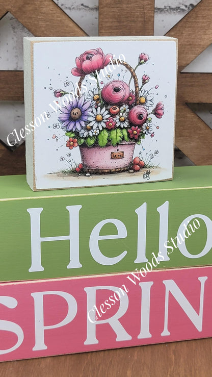 Hello Spring Wood Block Stack Flowers Pink Basket