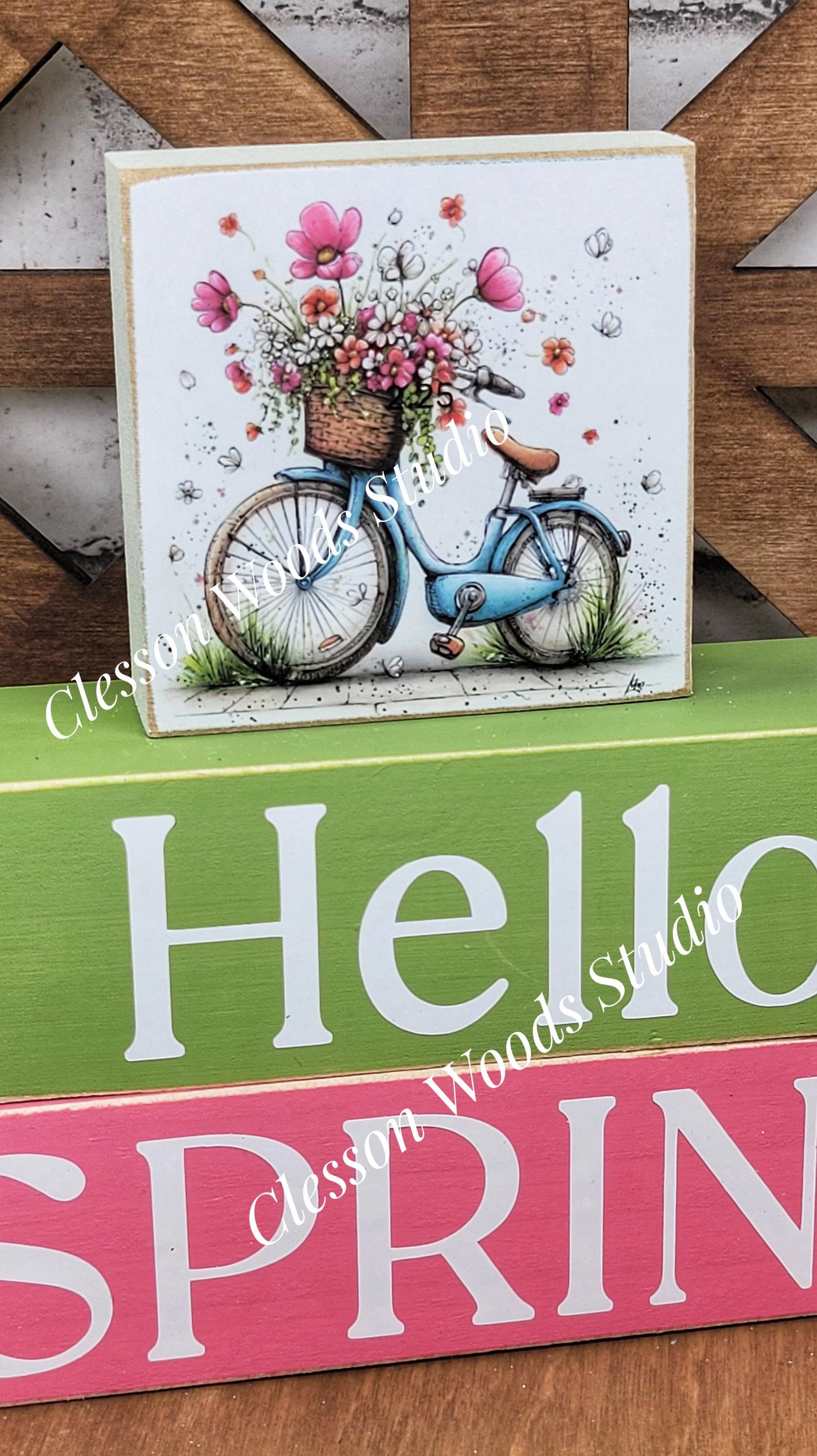 Hello Spring Wood Block Stack Bicycle Basket of Flowers
