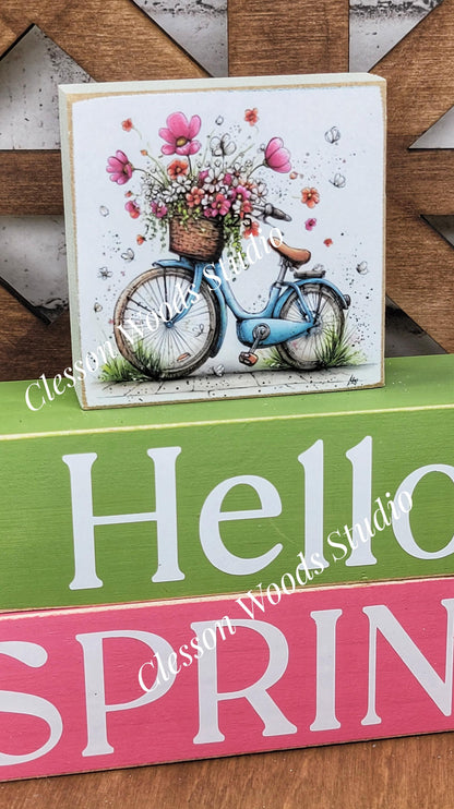 Hello Spring Wood Block Stack Bicycle Basket of Flowers