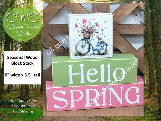 Hello Spring Wood Block Stack Bicycle Basket of Flowers