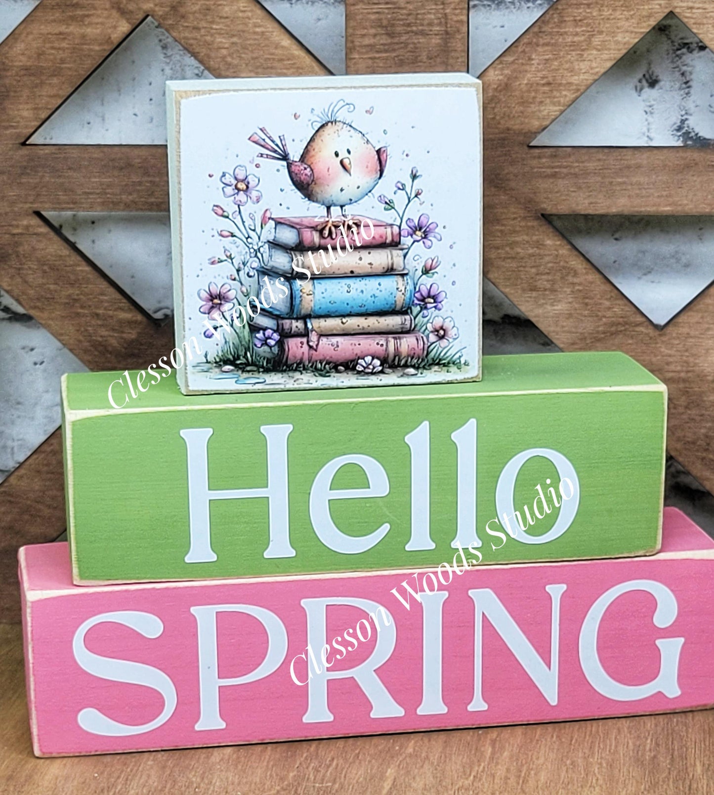 Hello Spring Wood Block Stack Bird on Books