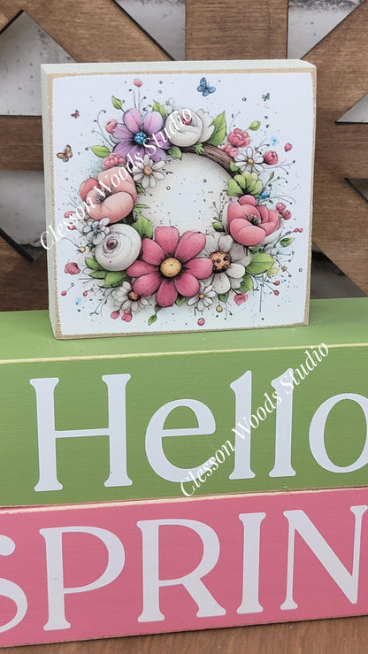 Hello Spring Wood Block Stack Flower Wreath