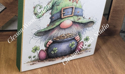 St Patrick's Day Gnome 6 Wood Block Sign
