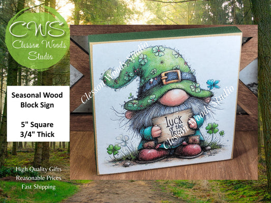 St Patrick's Day Gnome 5 Wood Block Sign
