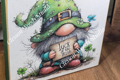 St Patrick's Day Gnome 5 Wood Block Sign