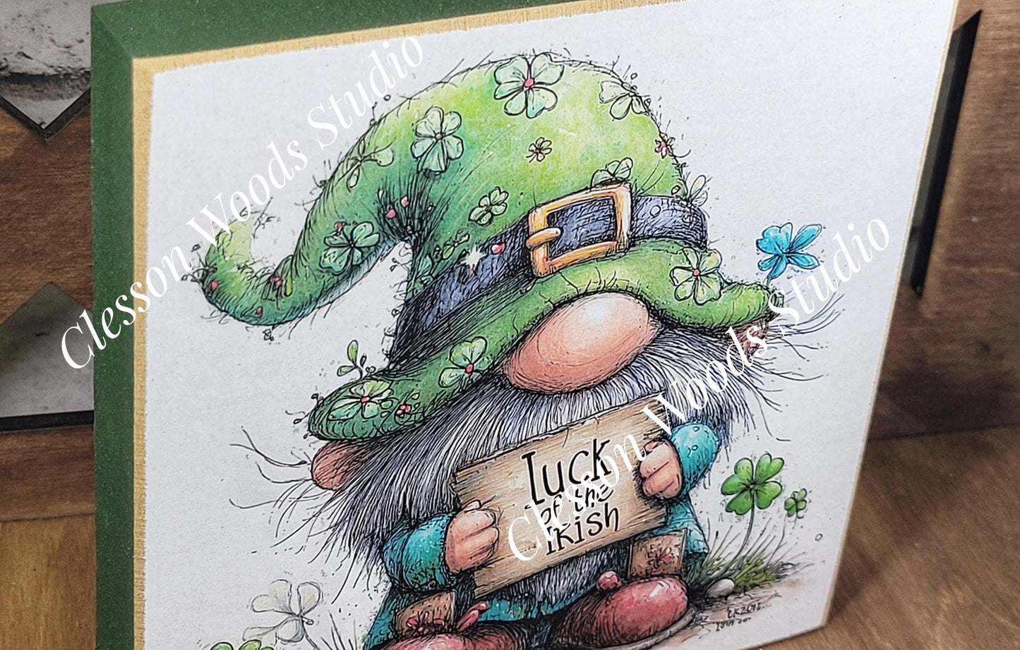 St Patrick's Day Gnome 5 Wood Block Sign