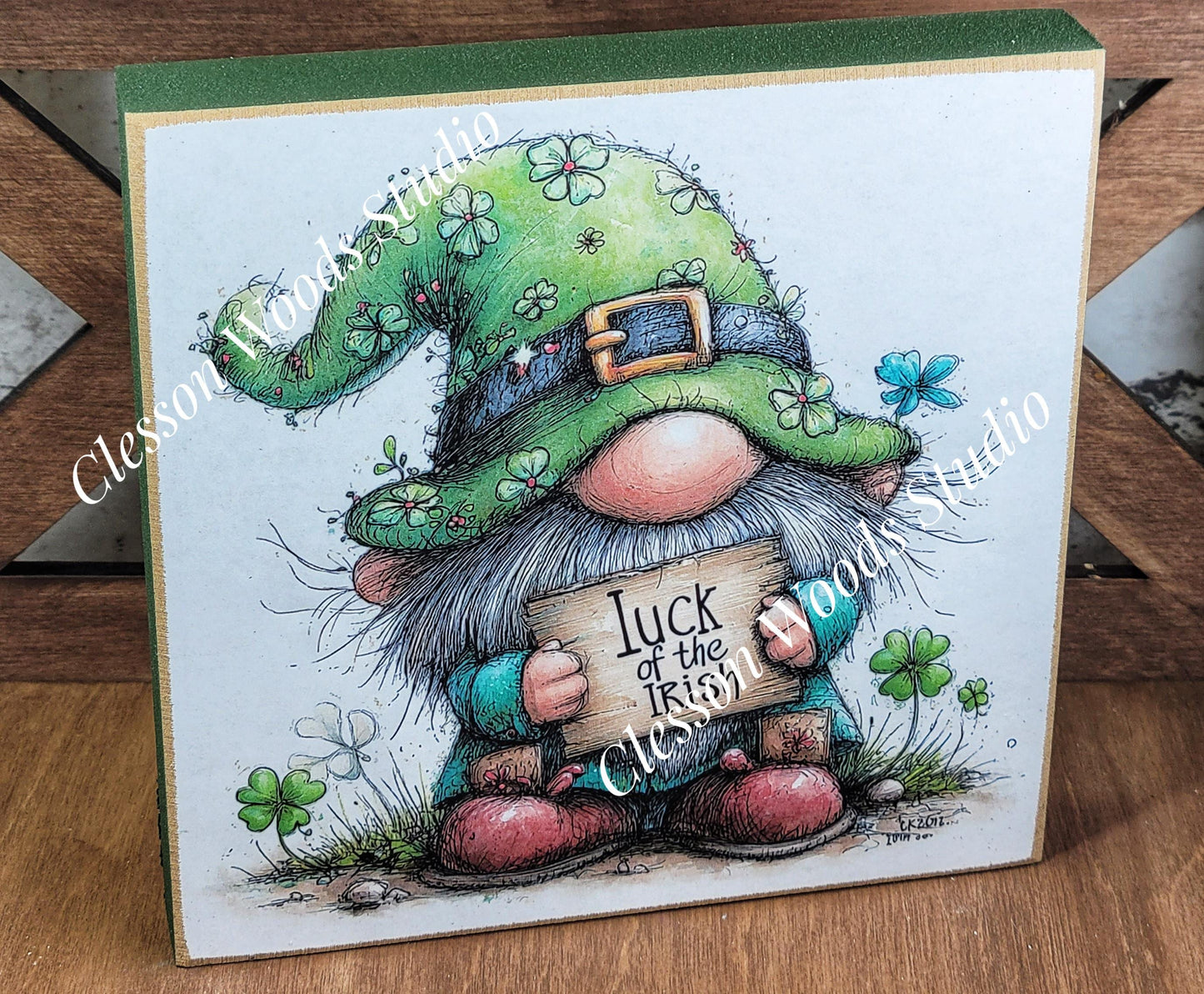 St Patrick's Day Gnome 5 Wood Block Sign