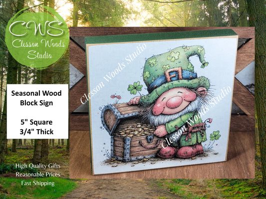 St Patrick's Day Gnome 4 Wood Block Sign