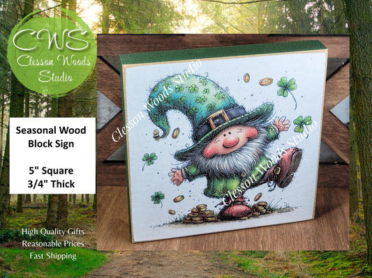 St Patrick's Day Gnome 3 Wood Block Sign