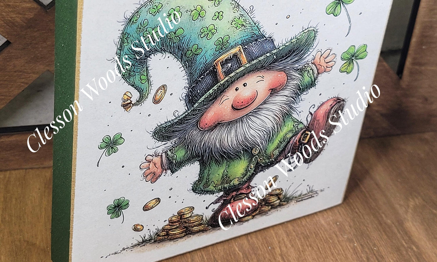 St Patrick's Day Gnome 3 Wood Block Sign