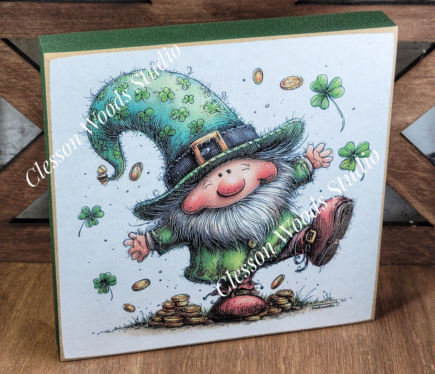 St Patrick's Day Gnome 3 Wood Block Sign