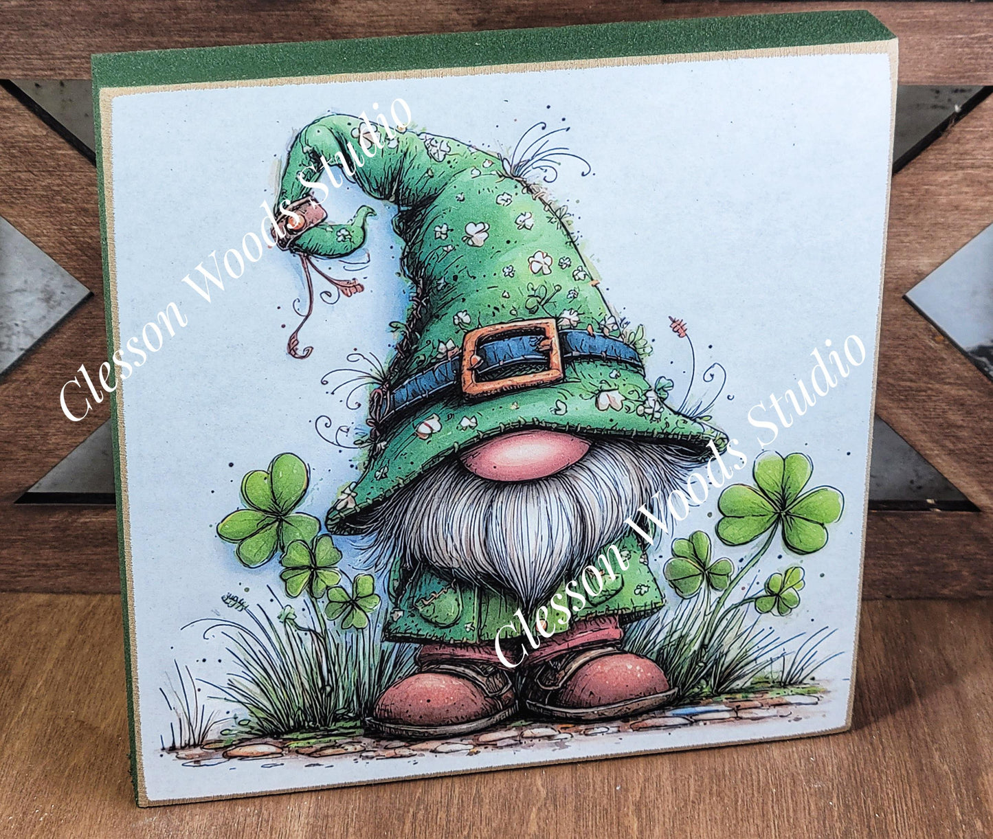 St Patrick's Day Gnome 2 Wood Block Sign