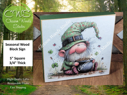 St Patrick's Day Gnome 1 Wood Block Sign