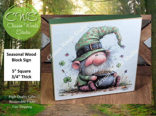 St Patrick's Day Gnome 1 Wood Block Sign