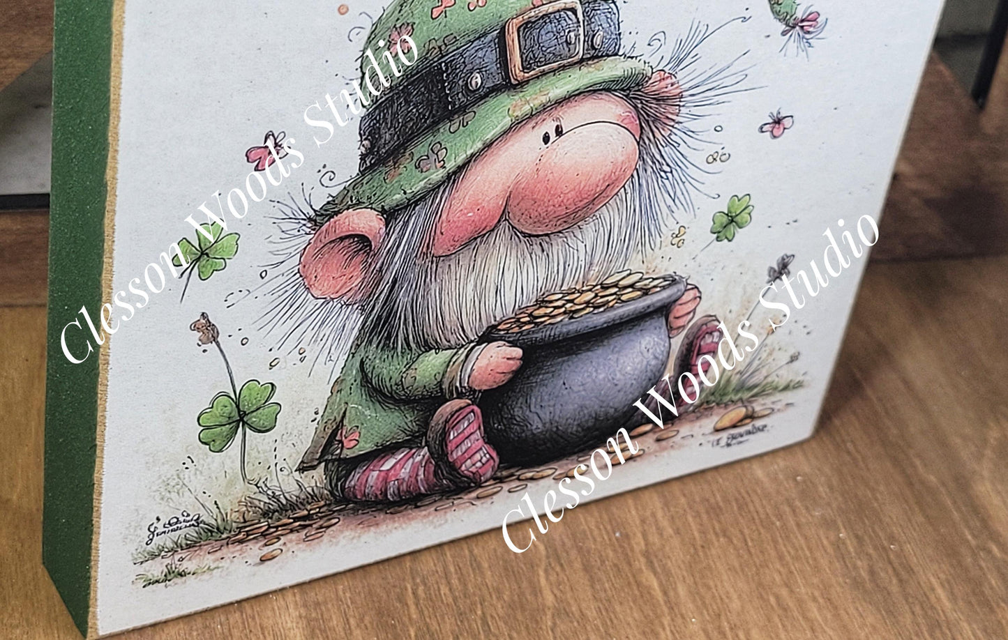 St Patrick's Day Gnome 1 Wood Block Sign