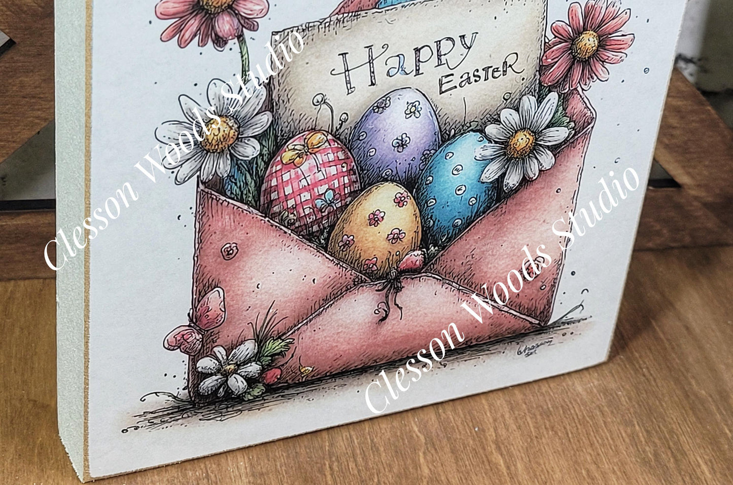 Easter Envelope Pink Spring Wood Block Sign