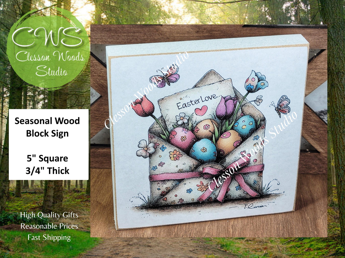 Easter Flowered Envelope Spring Wood Block Sign