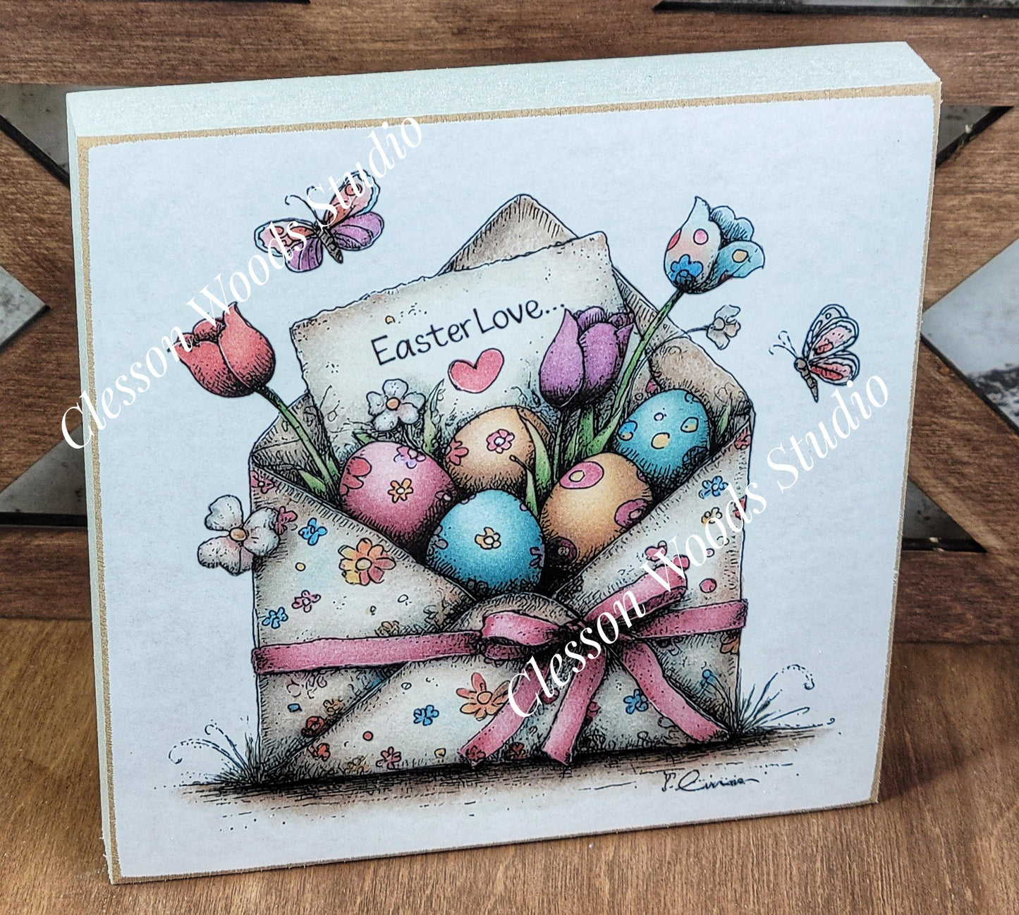 Easter Flowered Envelope Spring Wood Block Sign
