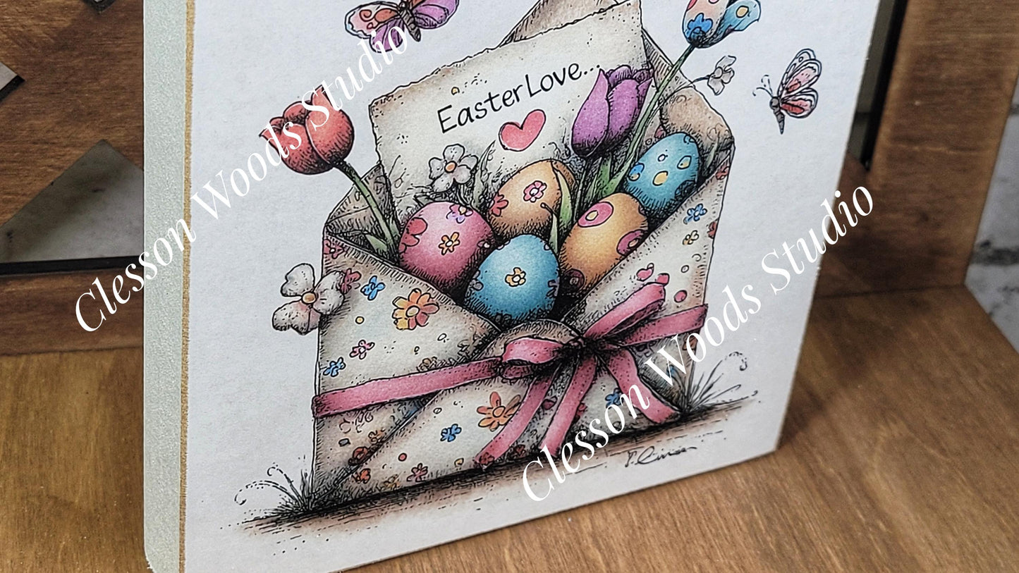 Easter Flowered Envelope Spring Wood Block Sign