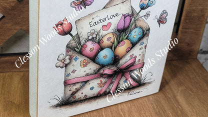 Easter Flowered Envelope Spring Wood Block Sign