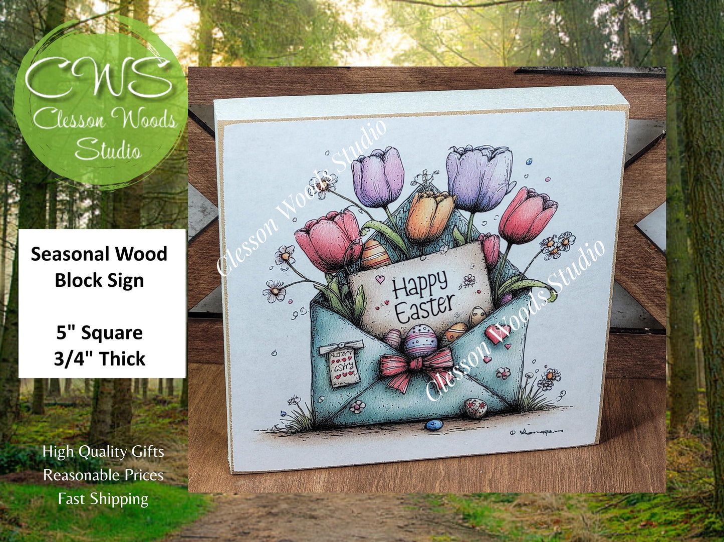Easter Envelope Blue Spring Wood Block Sign