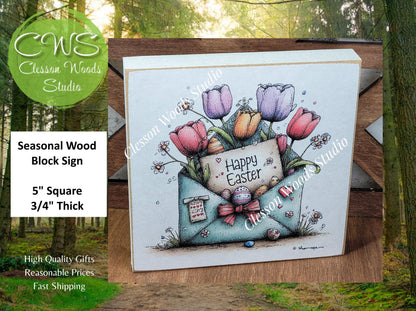 Easter Envelope Blue Spring Wood Block Sign