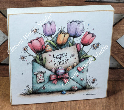 Easter Envelope Blue Spring Wood Block Sign