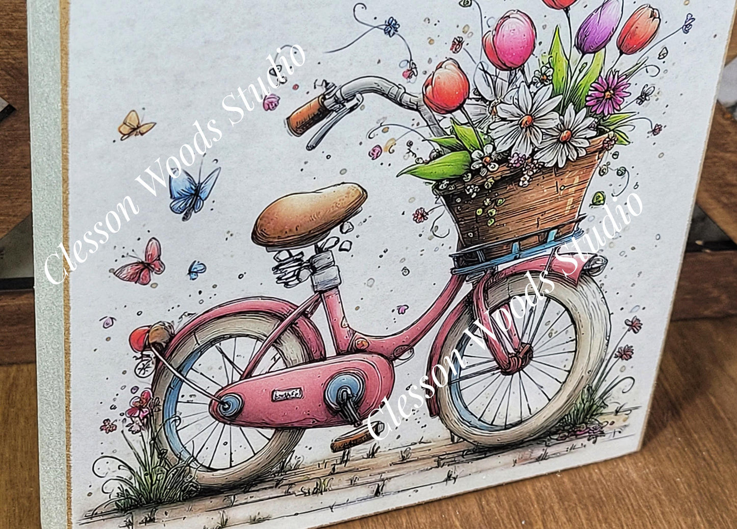 Spring Bicycle Basket of Flowers Wood Block Sign